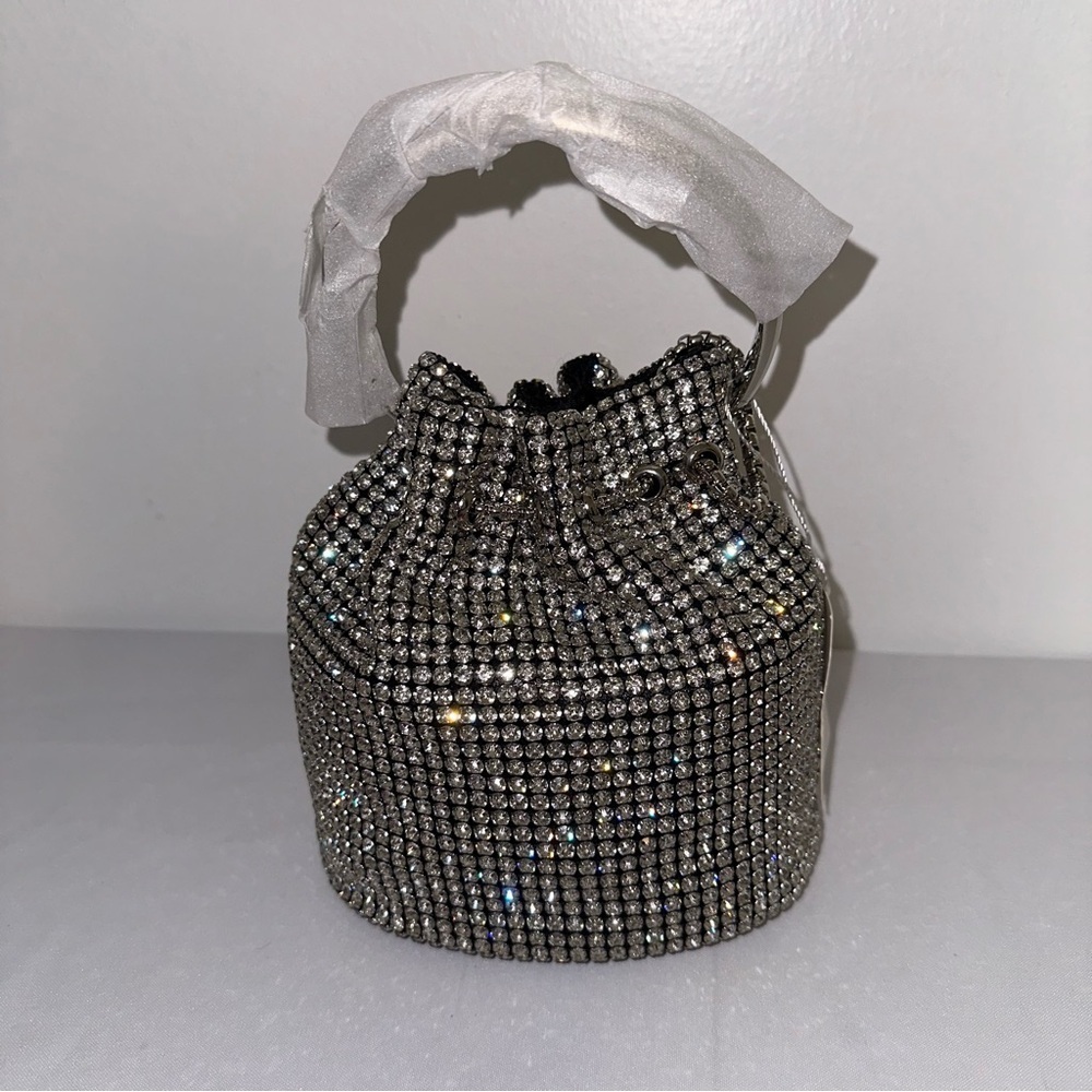 Clear Rhinestone Swing Handle Drawstring Tassel Closure Bucket Bag - Picture 7 of 11